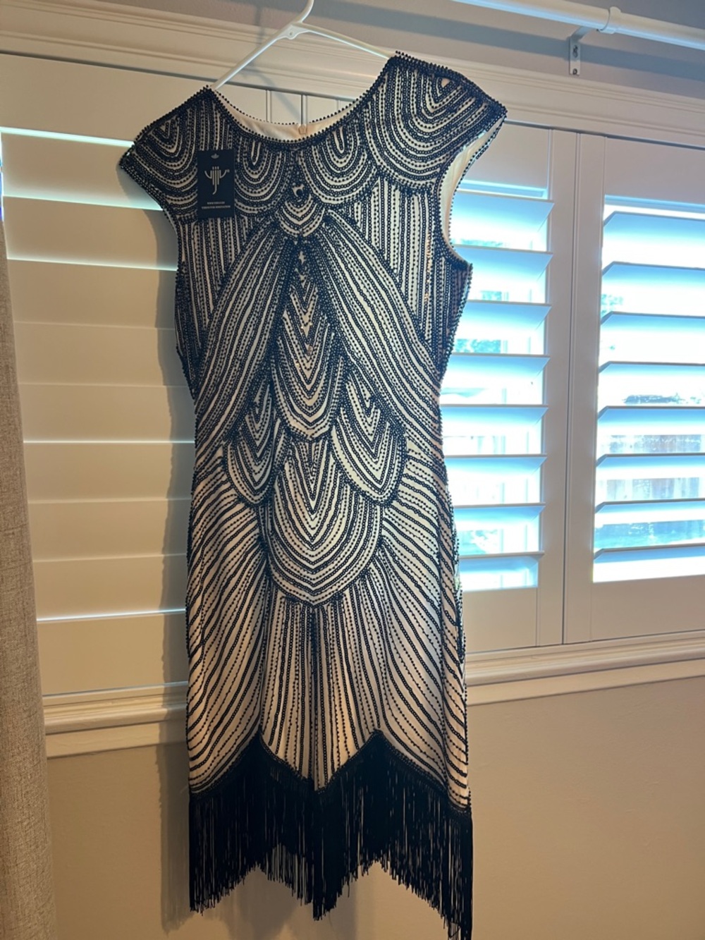 Beaded Black and Cream Fringe Midi Dress - Women's